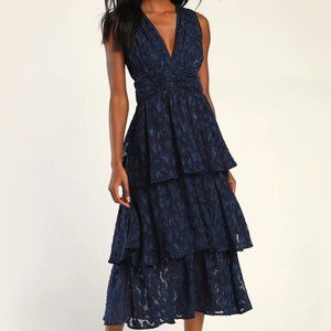 Navy Blue Jacquard Tiered Midi Dress